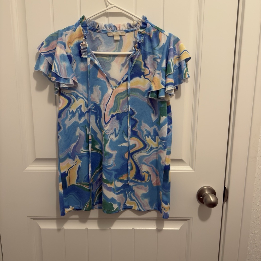 Sunny Leigh Women's Blue Swirl‎ Design Ruffle Blouse Size Small